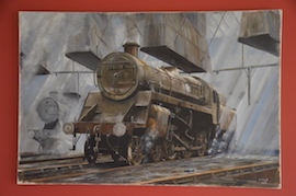 Live steam locomotive original painting by R.J.Revill. Starndard Class 4 preserved on the Bluebell line.