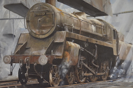 Live steam locomotive original painting by R.J.Revill. Starndard Class 4 preserved on the Bluebell line.